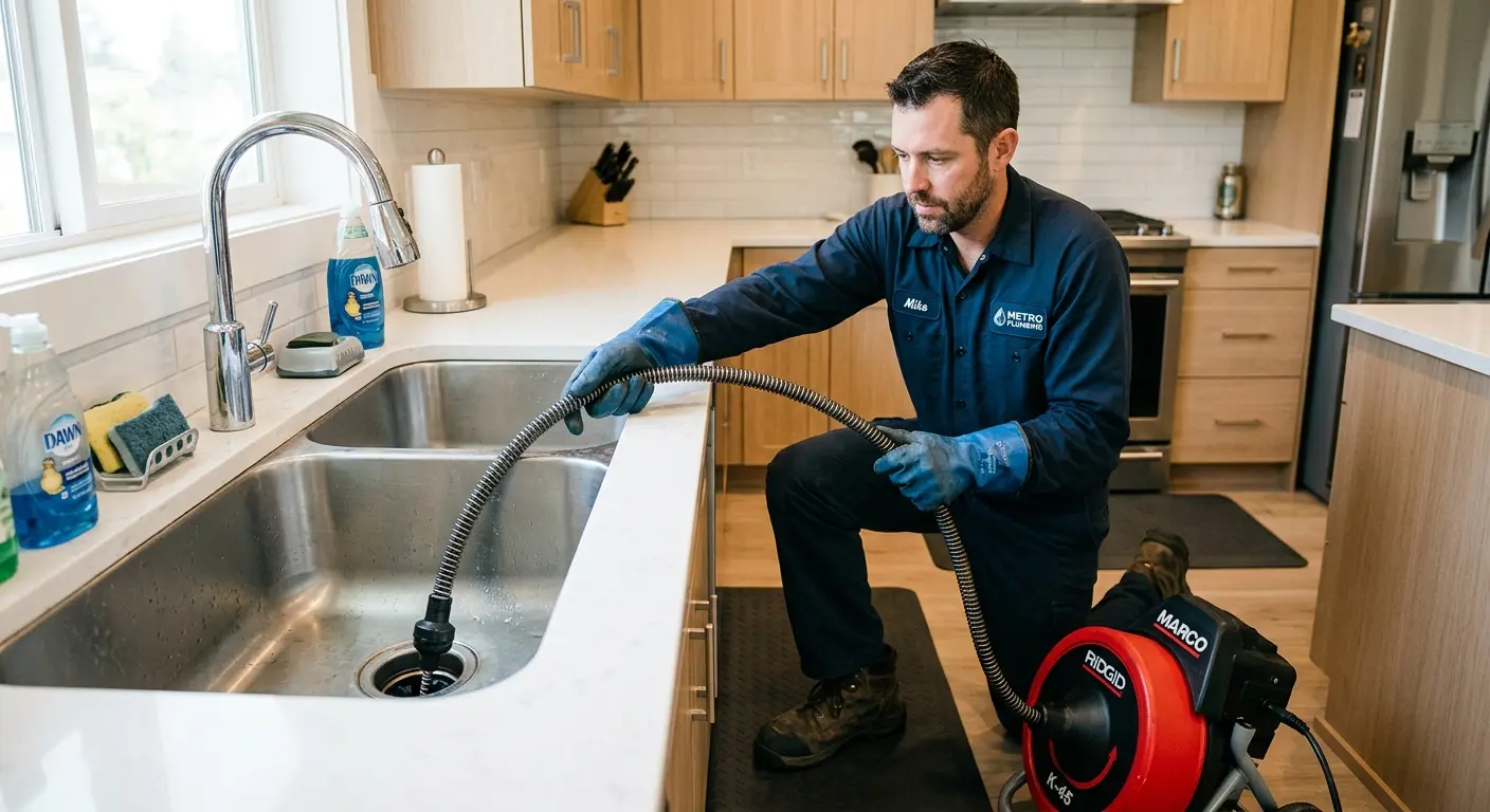 Drain cleaning technician using a motorized snake on a kitchen sink in Spring Garden
