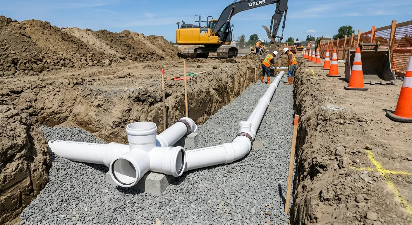 New PVC sewer pipe installation in open trench for Commercial Drain Cleaning in Spring Garden