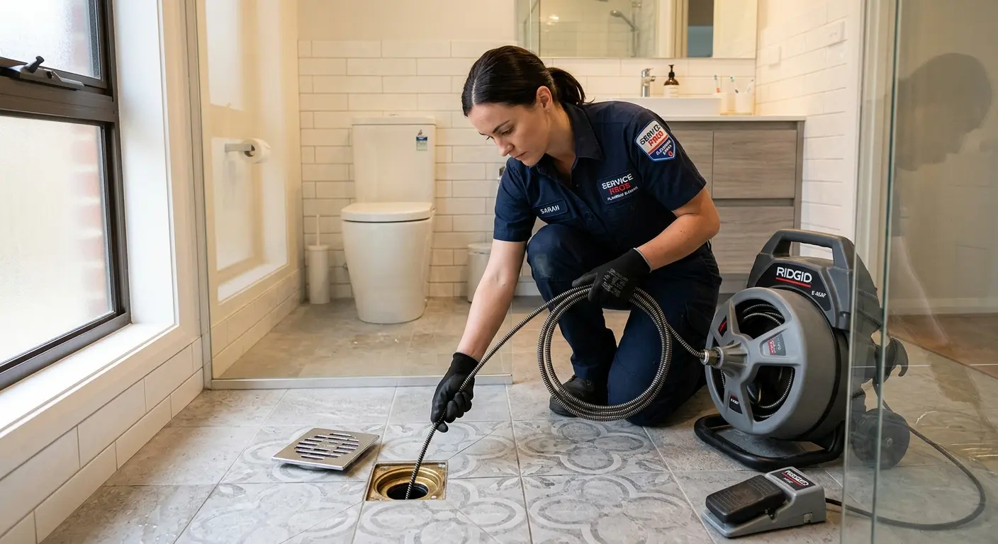 Technician clearing a bathroom floor drain for Clogged Drain Repair in Spring Garden